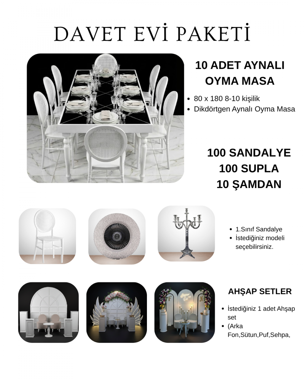 100 Kişilik Davet Evi Dikdörtgen Aynalı Masa Bronz Paket-5