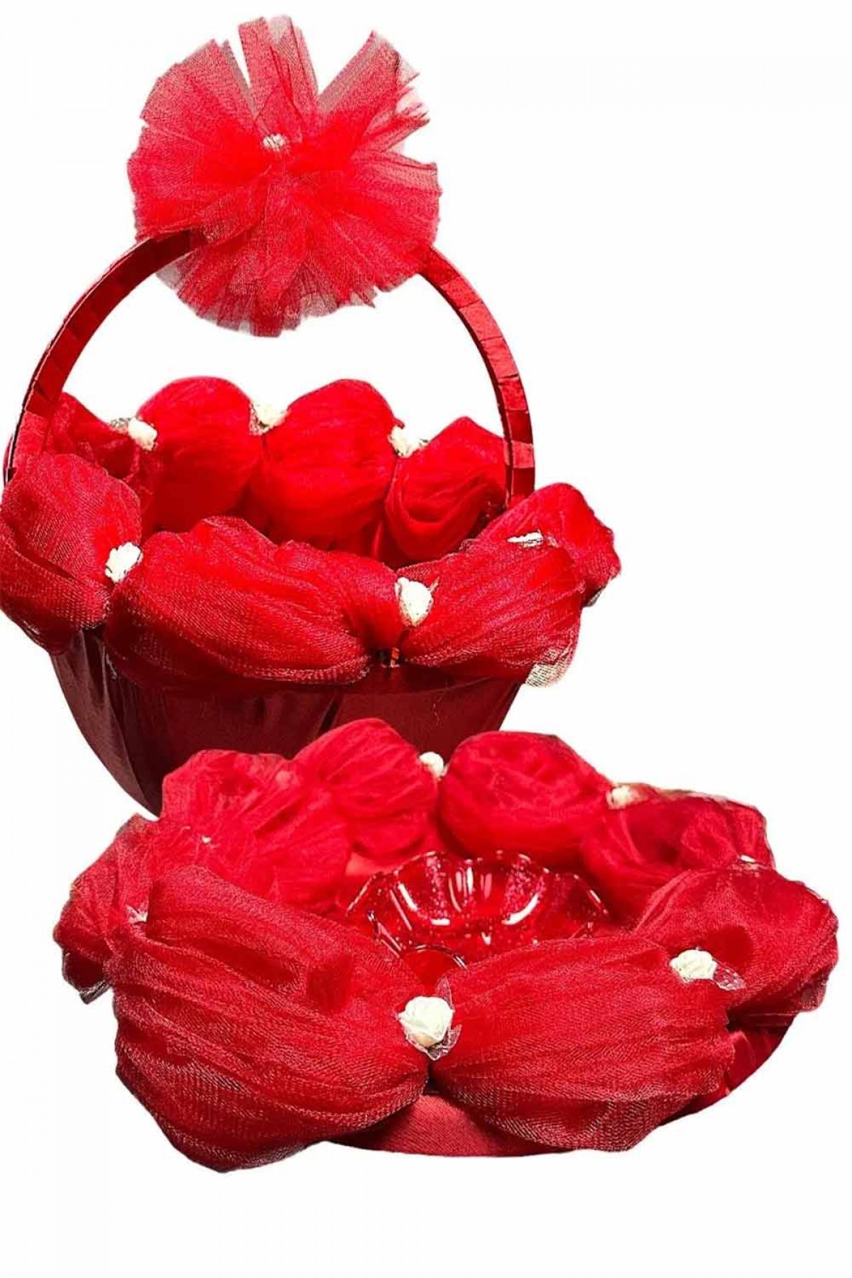 Kırmızı Ponpon Sepet Tepsi Takımı