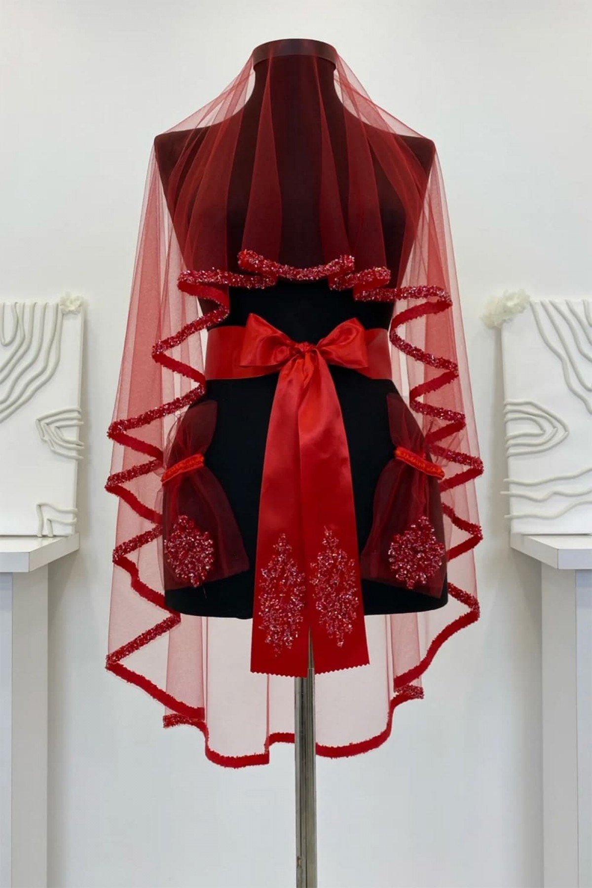 B70 Kırmızı duvak Yüz Örtüsü İnci İşlemeli