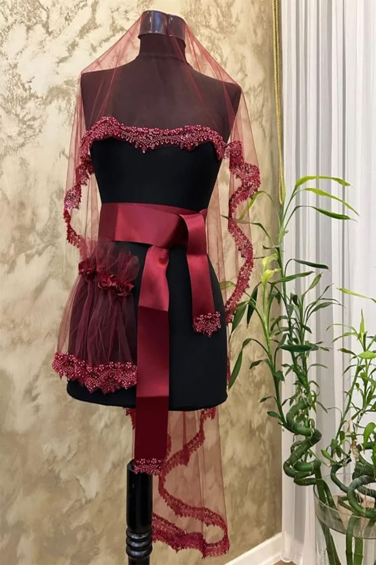 Bordo Boncuklu Üzüm Model Duvak 3’lü Set