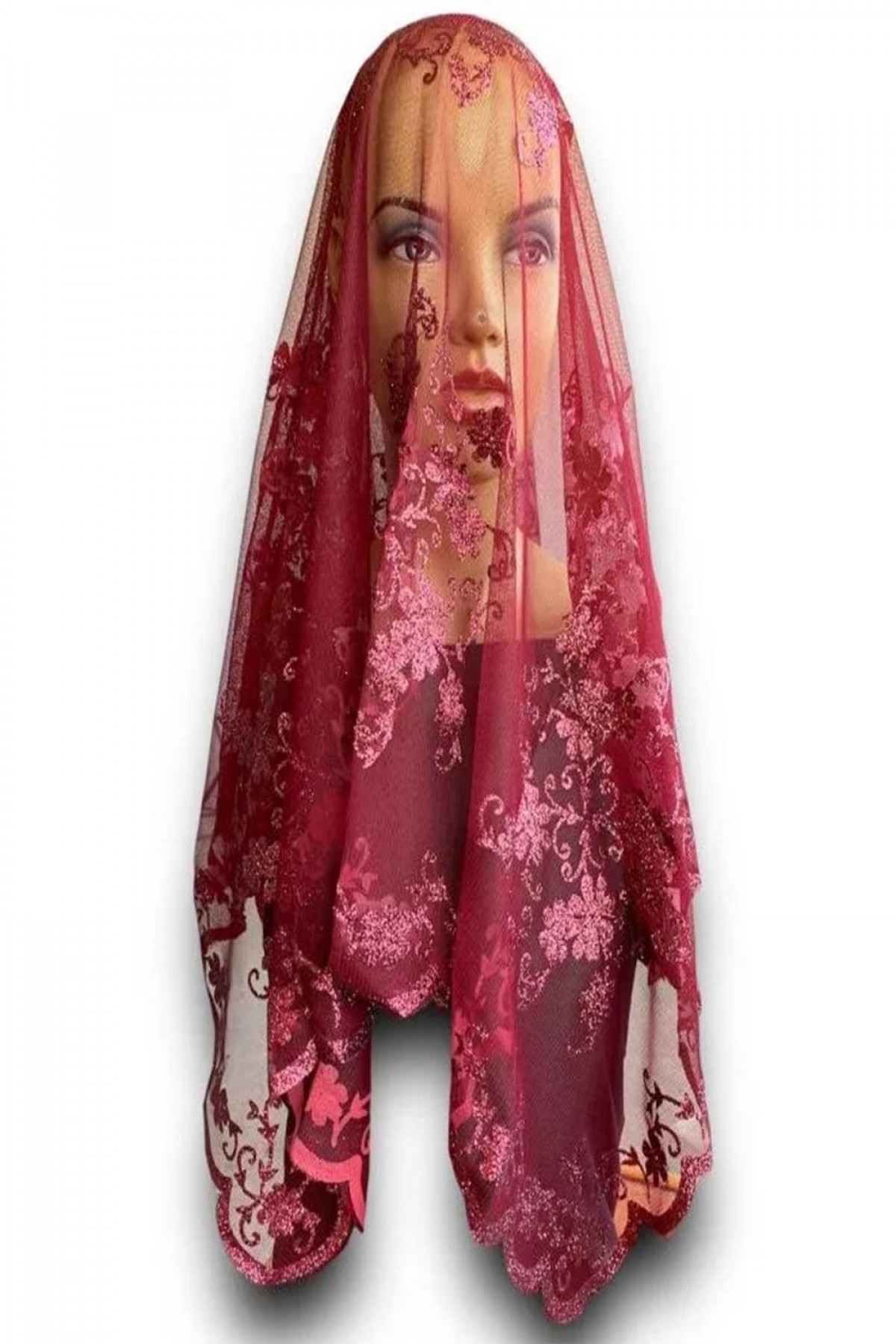 Bordo Çiçekli Simli Baskılı Duvak 2’li
