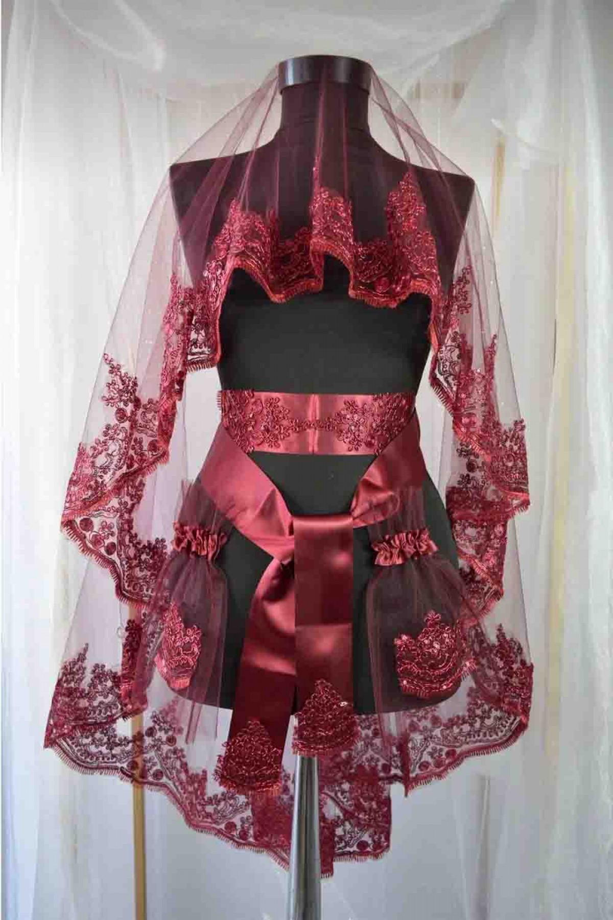 Bordo Tel Kırma Güpürlü 3’lü Takım Duvak Bordo Tel Kırma Güpürlü 3’lü Takım Duvak