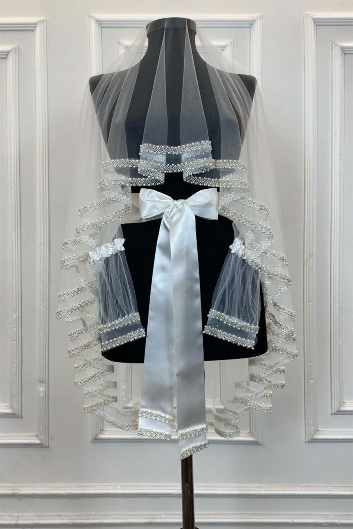 Çift Sıra İnci Beyaz Duvak 3’lü Takım