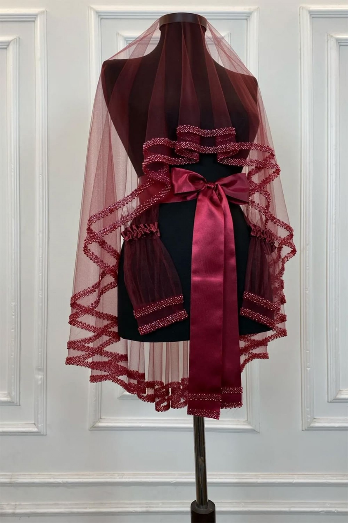 Çift Sıra İnci Bordo Duvak 3’lü Takım