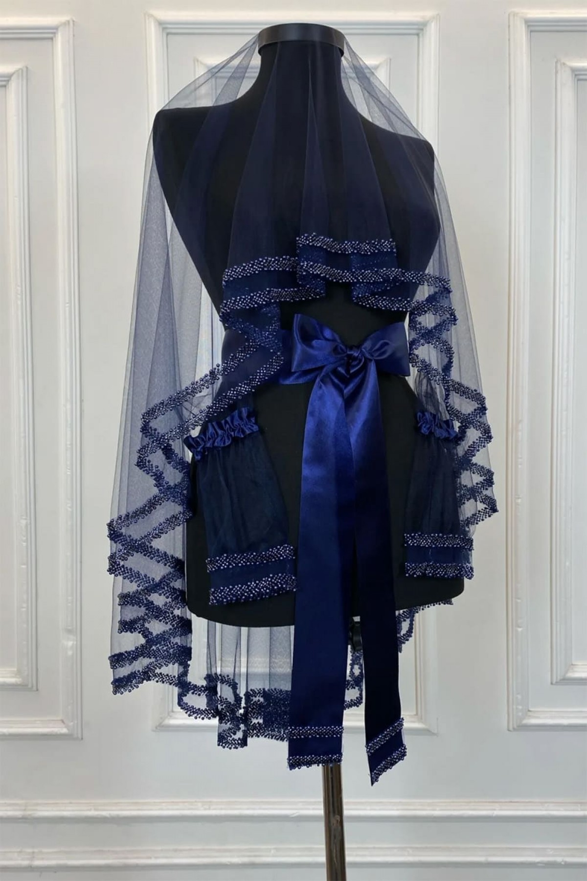 Çift Sıra İnci Lacivert Duvak 3’lü Takım