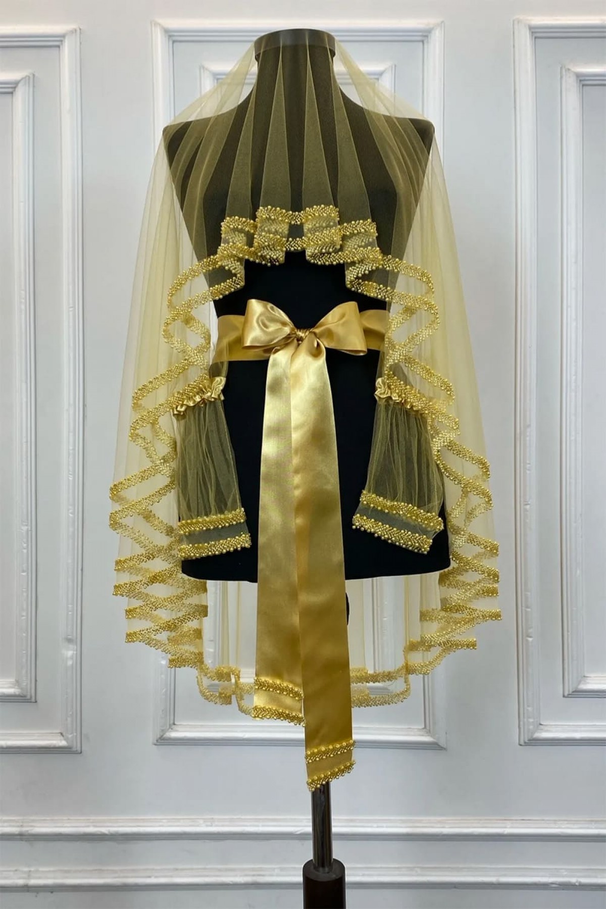 Çift Sıra İnci Sarı Duvak 3’lü Takım