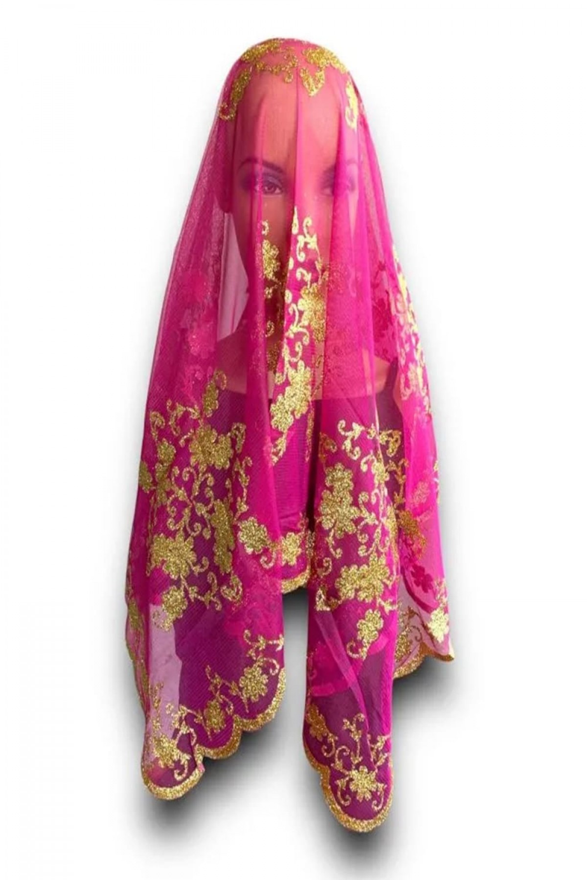 Fuşya Çiçekli Gold Simli Baskılı Duvak 2’li