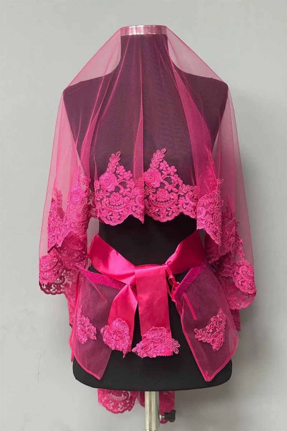 Fuşya Güpürlü 3’lü Duvak Set