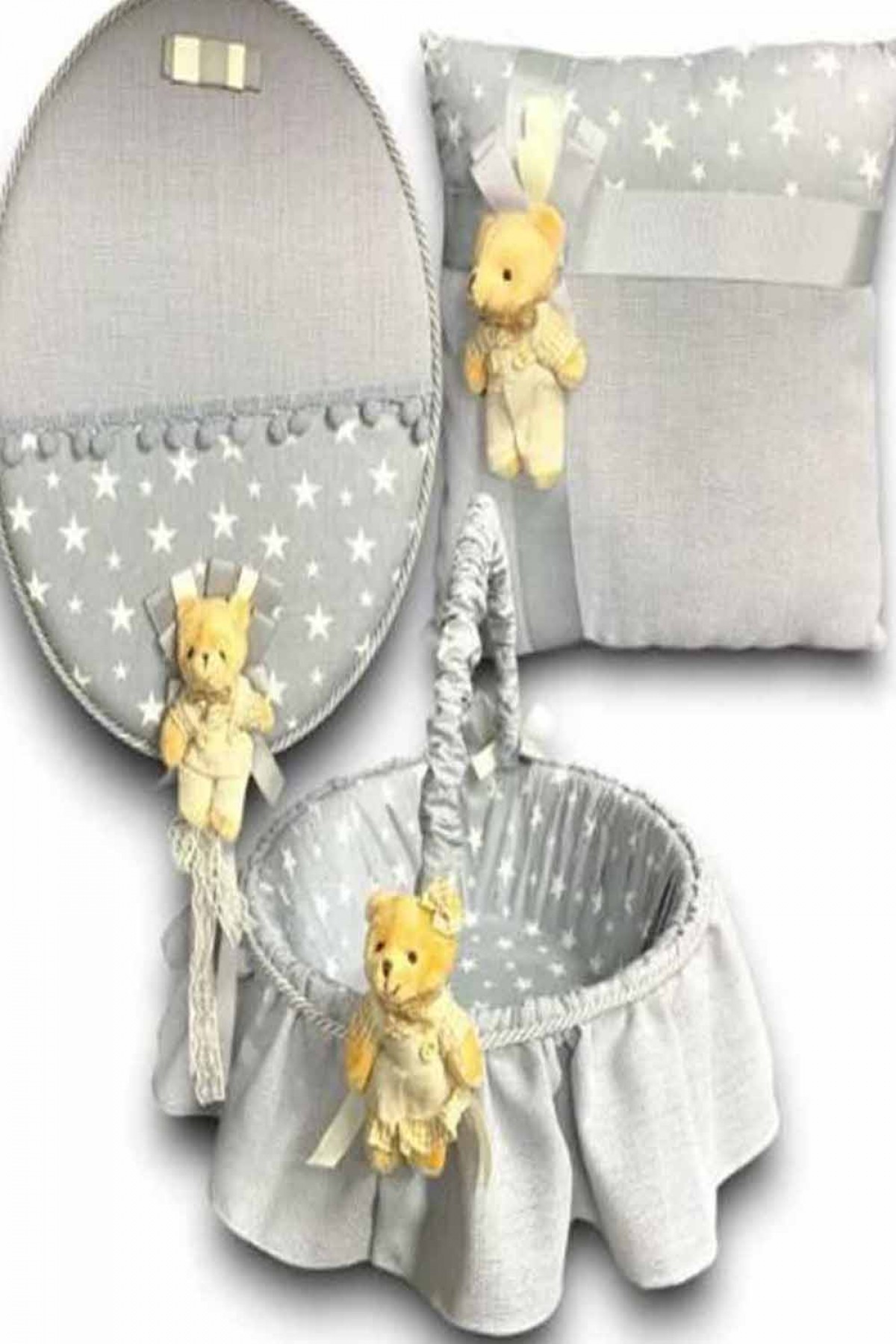 Gri Ayıcıklı Bebek Seti 3’lü Takım Yastık Kapı Süsü Sepet