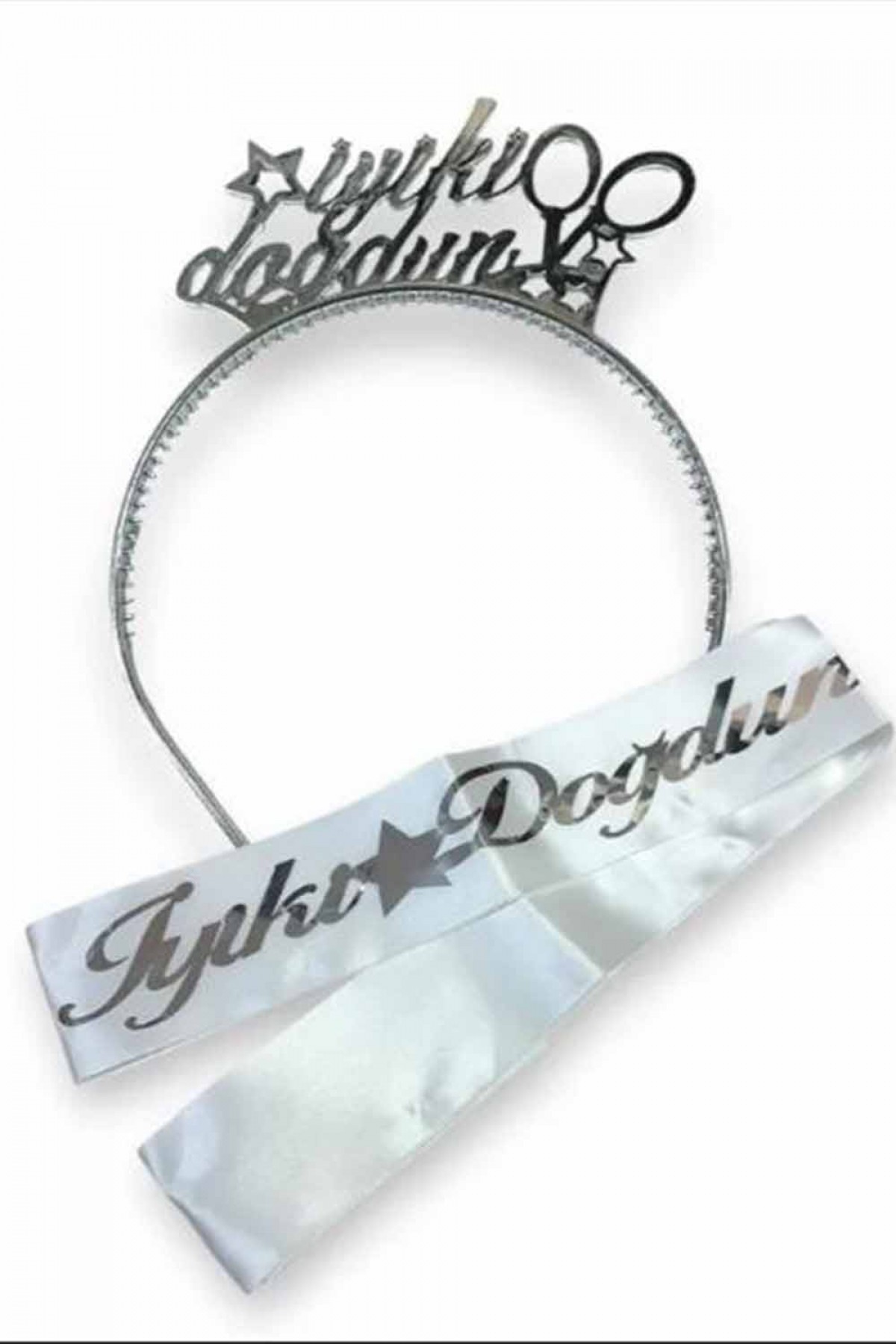 Gümüş Mika Taç İyiki Doğdun Kuşak Set 2’li