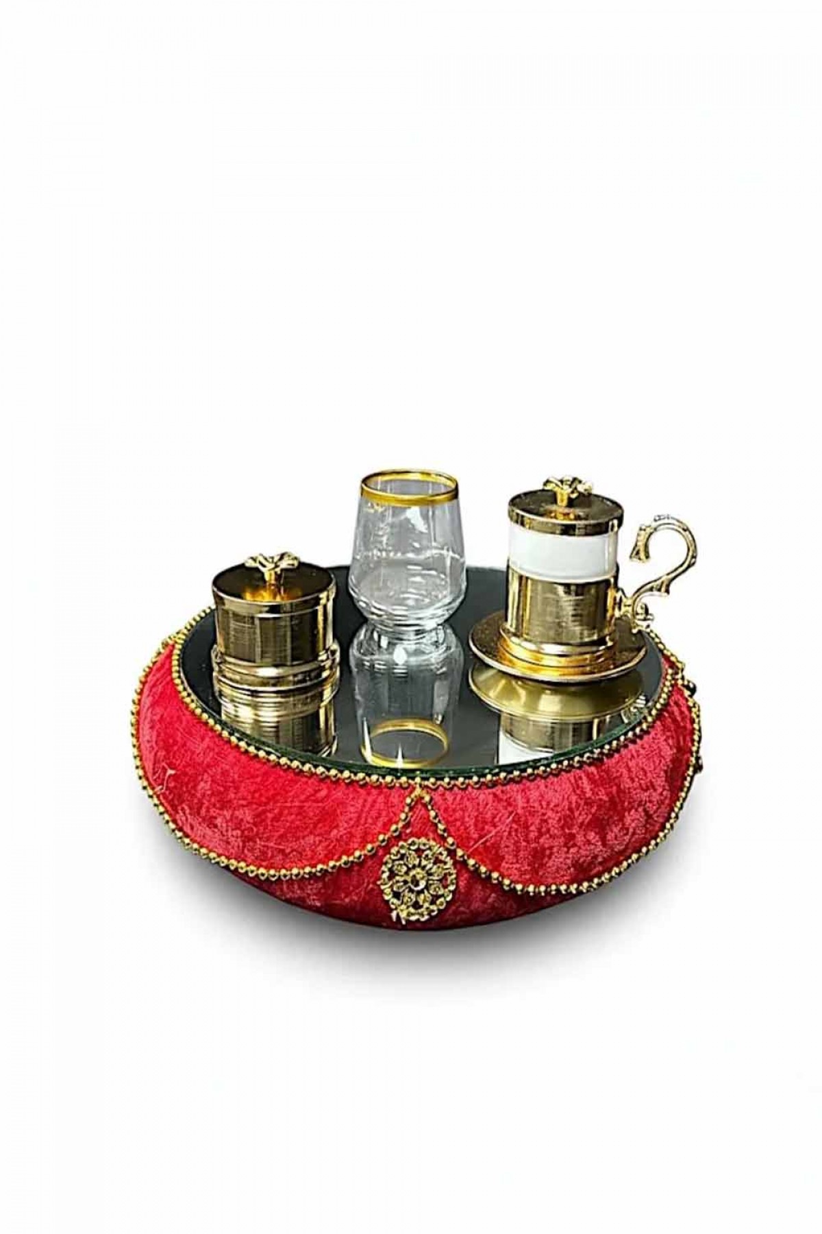 Kırmızı Kadife Gold Boncuk Nişan Tepsisi