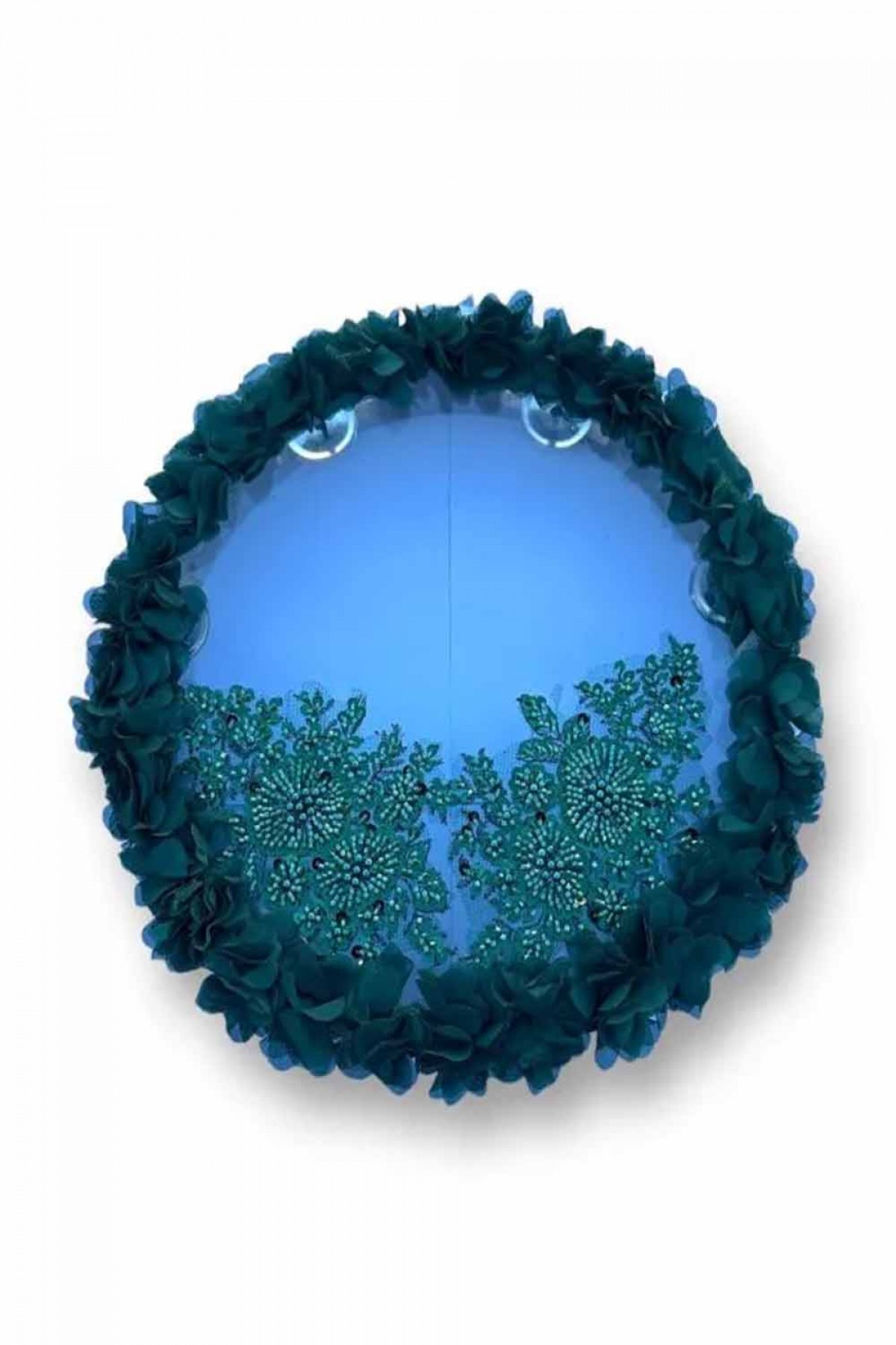 Yeşil Kumaş Güllü 30 Cm Şeffaf Aplik Süslemeli Tef