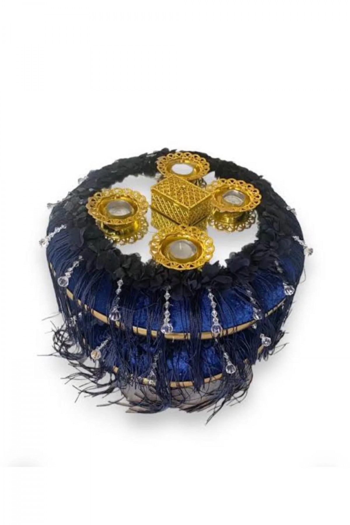 Kubbeli Saçaklı Aynalı Lacivert lüks Sepet Takımı