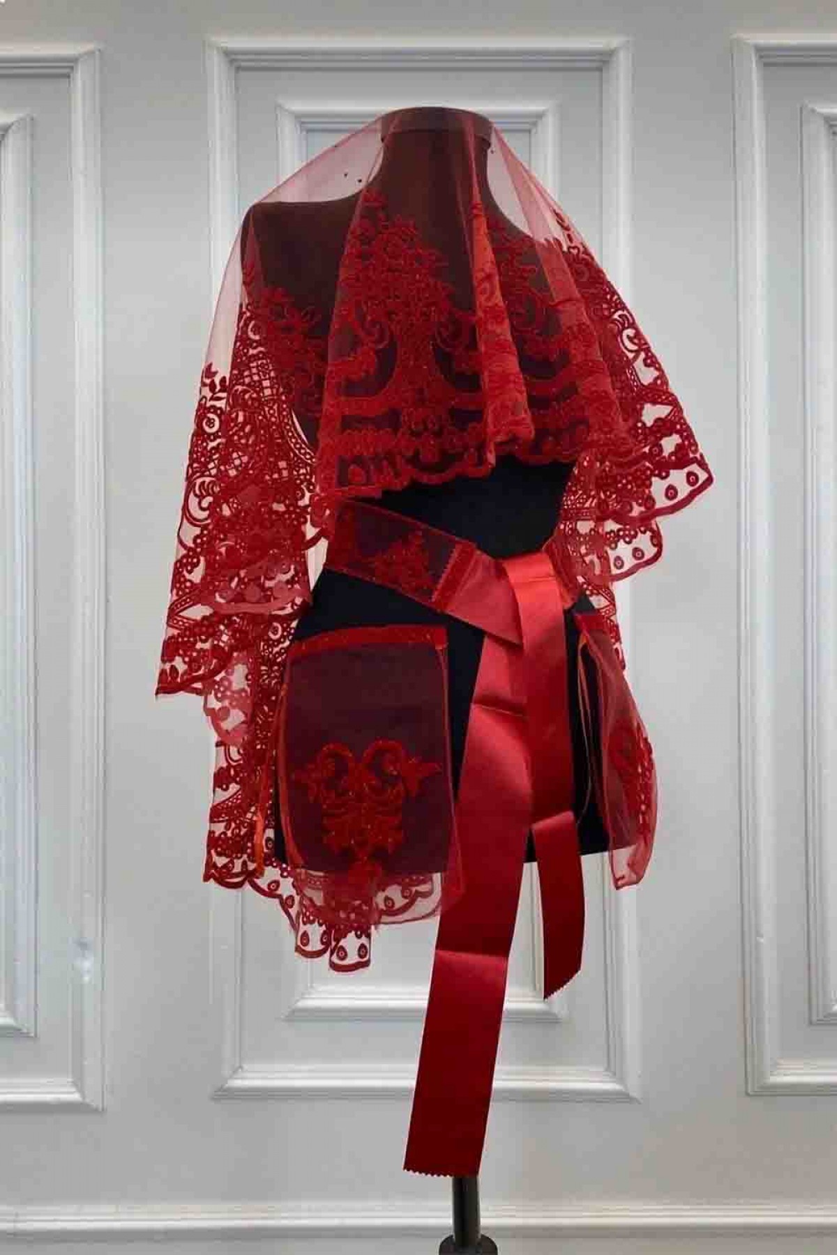 Kırmızı Taç Model Duvak Yüz Örtüsü Simli Takım