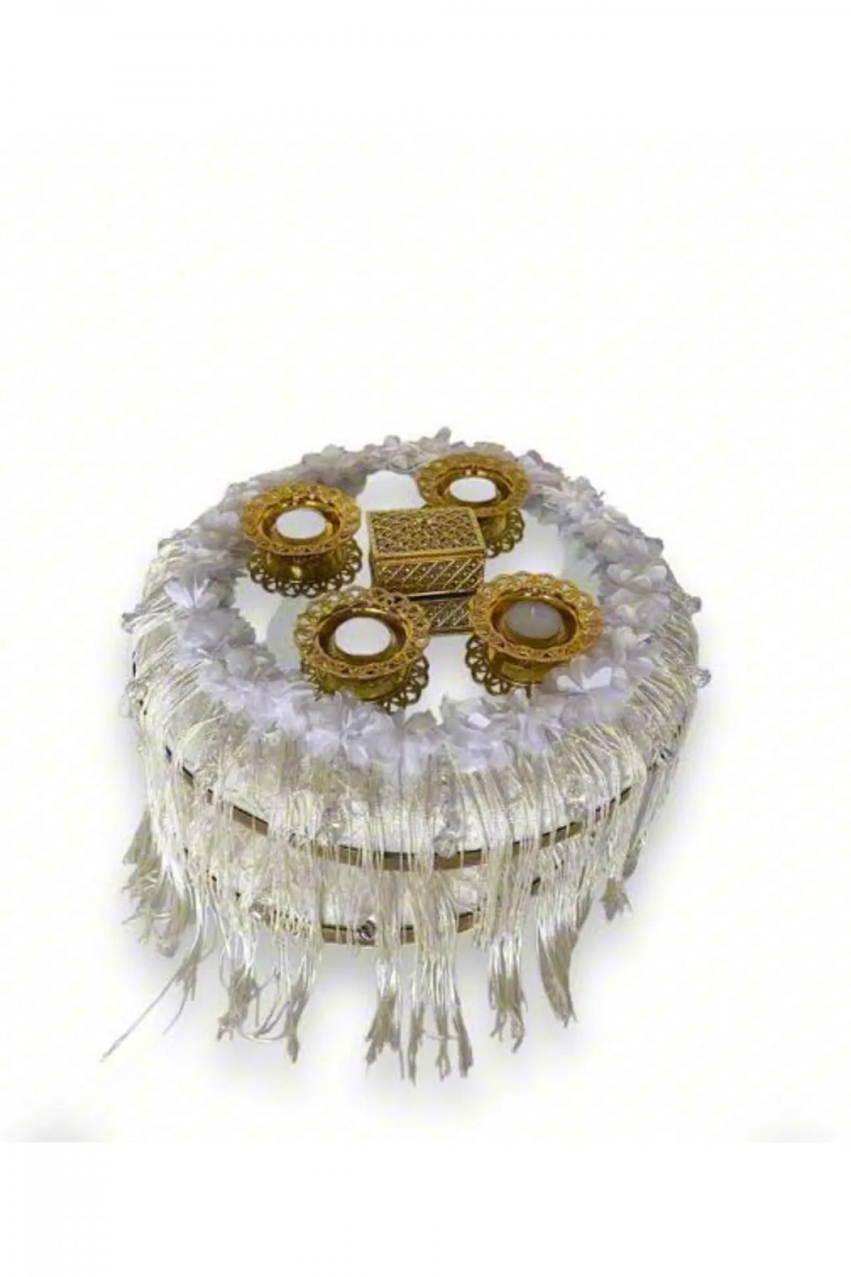 Kubbeli Saçaklı Aynalı Beyaz Lüks Sepet Takımı