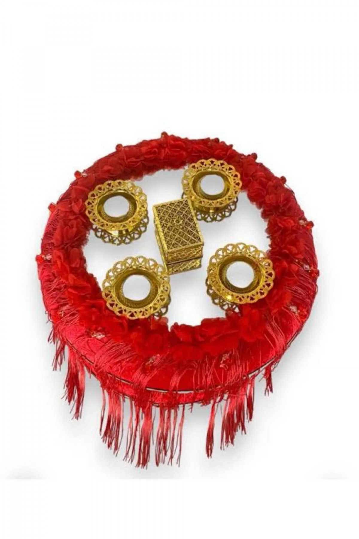 Kubbeli Saçaklı Aynalı Kırmızı Lüks Sepet Takımı