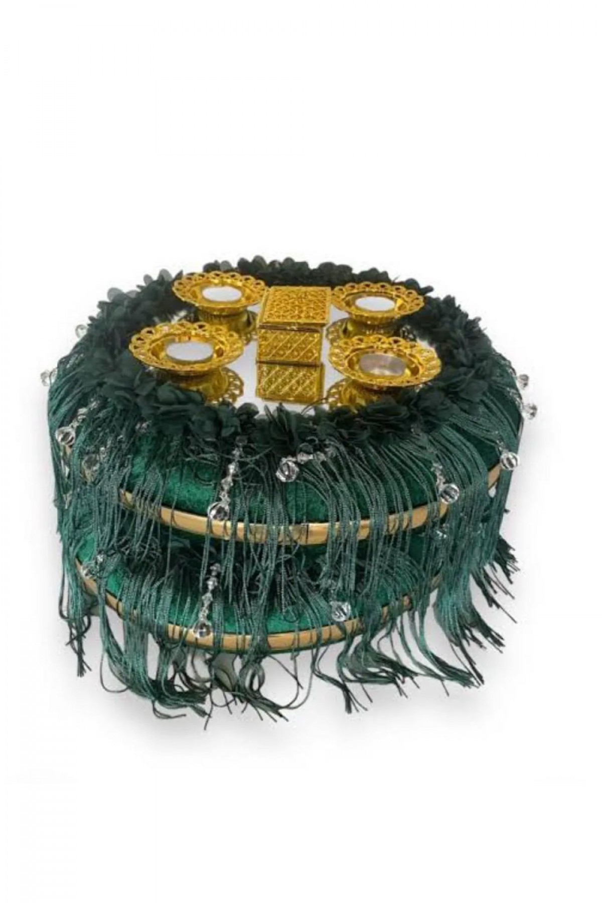 Kubbeli Saçaklı Aynalı Yeşil Lüks Sepet Takımı