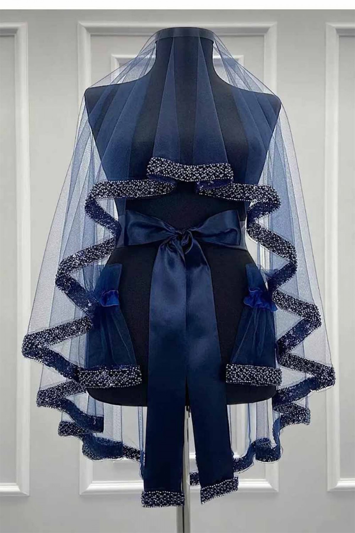 Lacivert Kemer Taşlı Duvak Takım