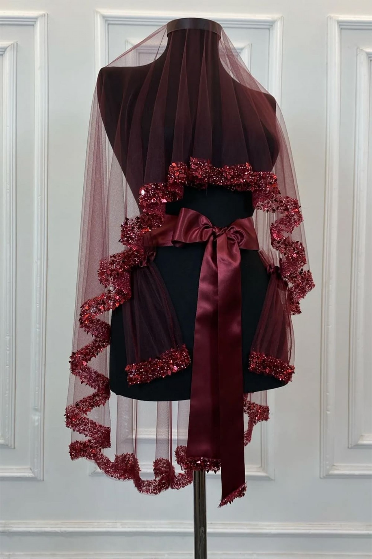 Lüks Yaprak Model Kutulu Duvak Yüz Örtüsü Bordo 3’lü Set