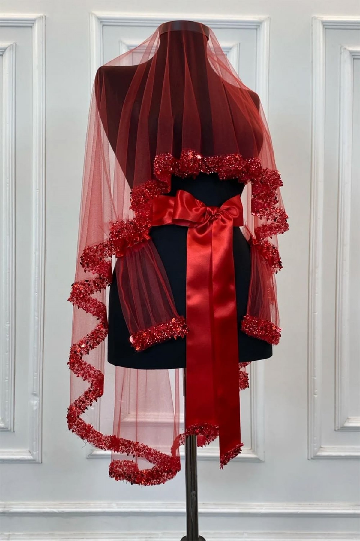 Lüks Yaprak Model  Kutulu Duvak Yüz Örtüsü Kırmızı 3’lü Set