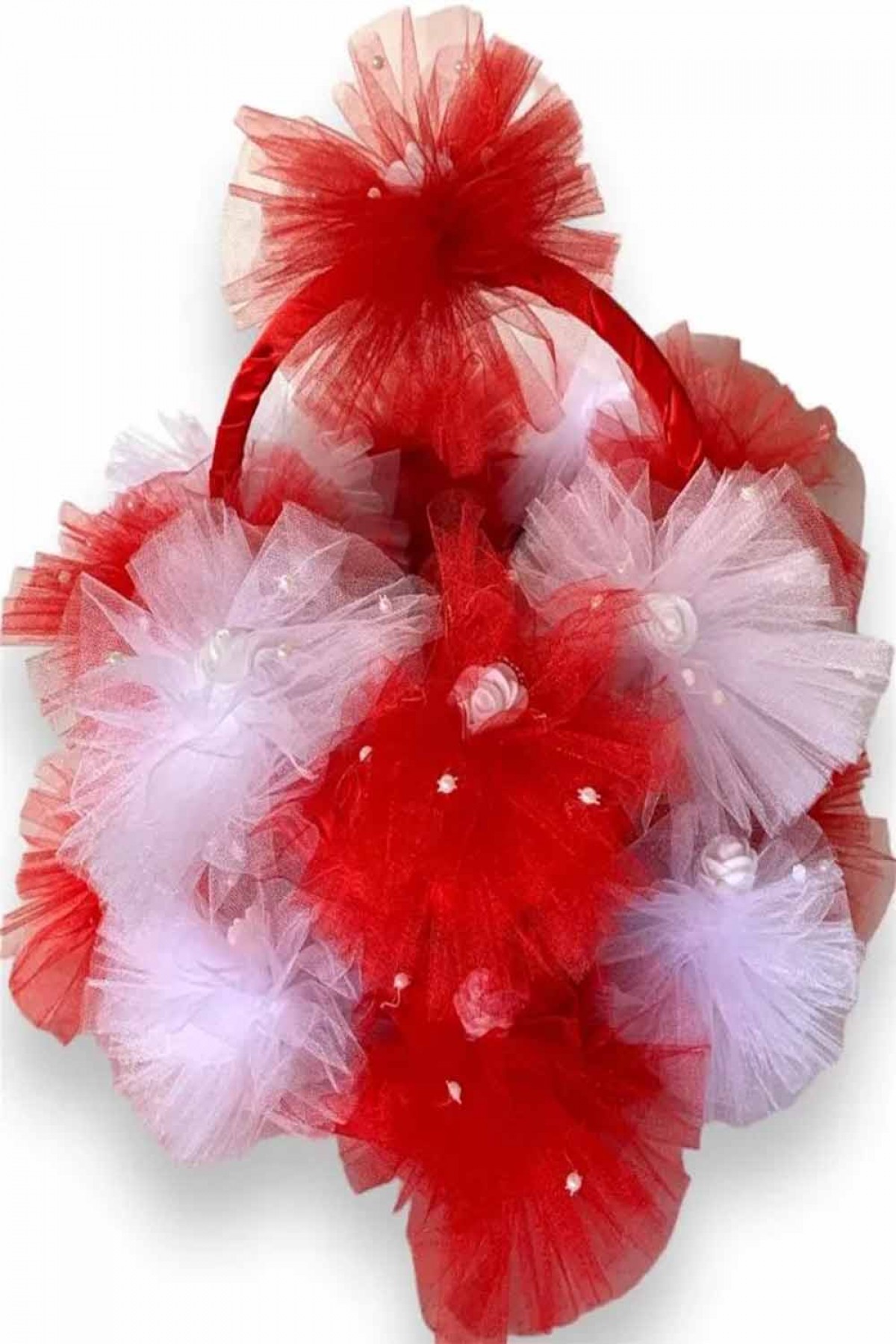 Kırmızı Beyaz Süslü Ponpon Kına Sepet Tepsi Takımı