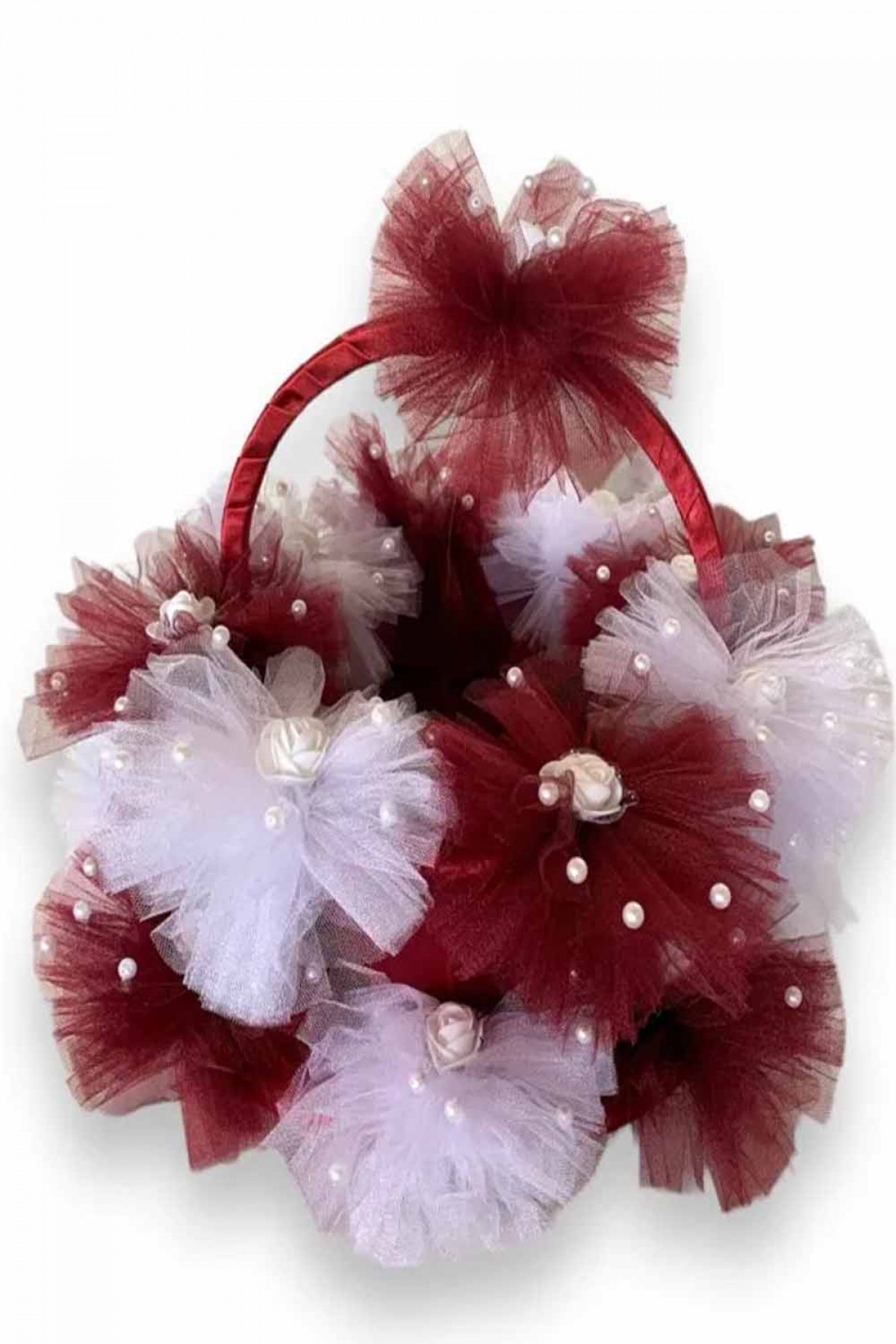 Bordo Beyaz Süslü Ponpon Kına Sepet Tepsi Takımı