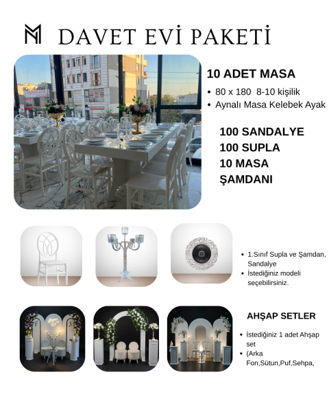 100 Kişilik Davet Evi Dikdörtgen  Aynalı Masa Bronz Paket-3