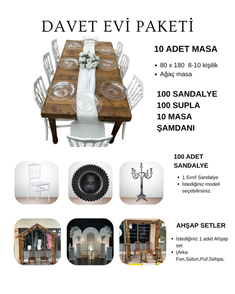 100 Kişilik Davet Evi Dikdörtgen Ağaç Masa Bronz Paket-4