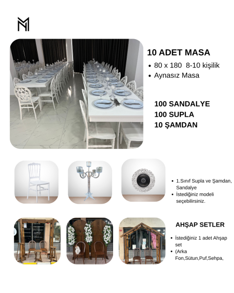 100 Kişilik Davet Evi Dikdörtgen Masa Bronz Paket-2