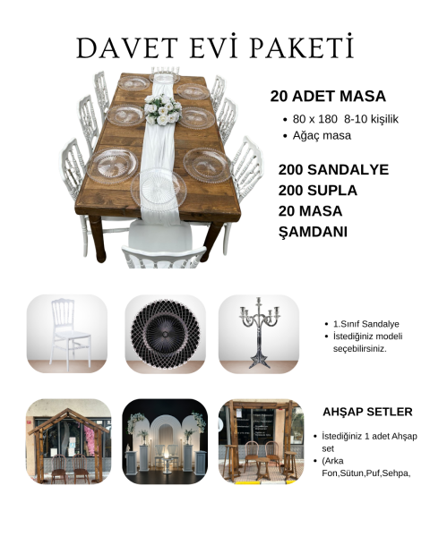 200 Kişilik Davet Evi Dikdörtgen Ağaç Masa Bronz Paket-13