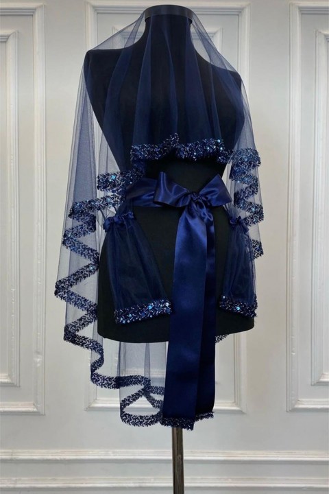 5’li Alım Lacivert Pul Payetli Boncuklu Model Duvak 3’lü Set