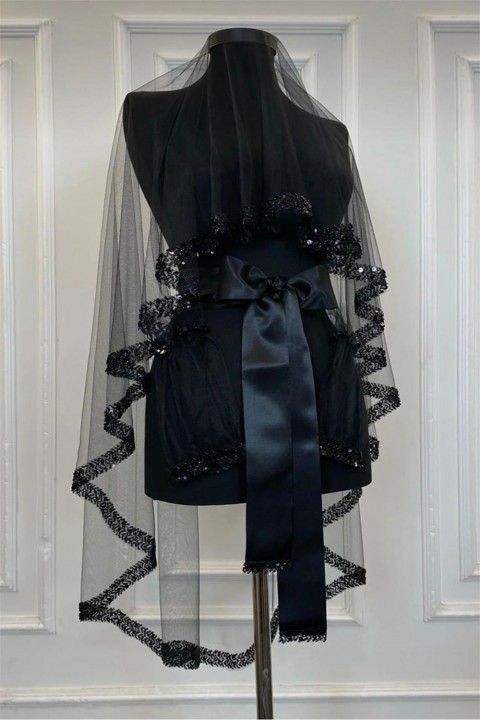 5’li Alım Siyah Pul Payetli Boncuklu Model Duvak 3’lü Set