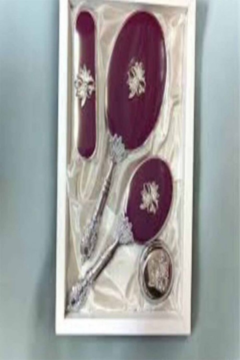 Ayna Tarak Bordo Gümüş Çiçek Takım