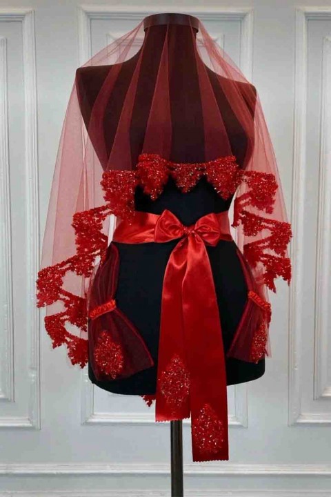 B50 Kırmızı Duvak Yüz Örtüsü Hürrem Model