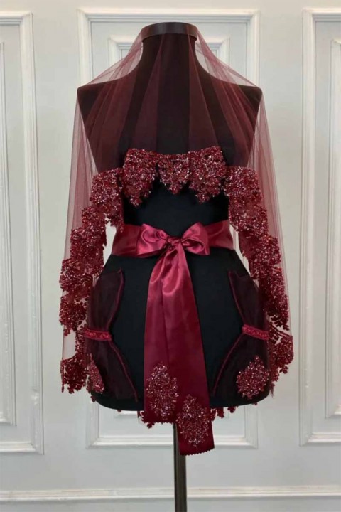 B55 Bordo Duvak Yüz Örtüsü Tuana Model