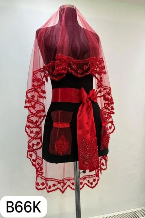 B66 Kırmızı Duvak Yüz Örtüsü 3’lü Takım