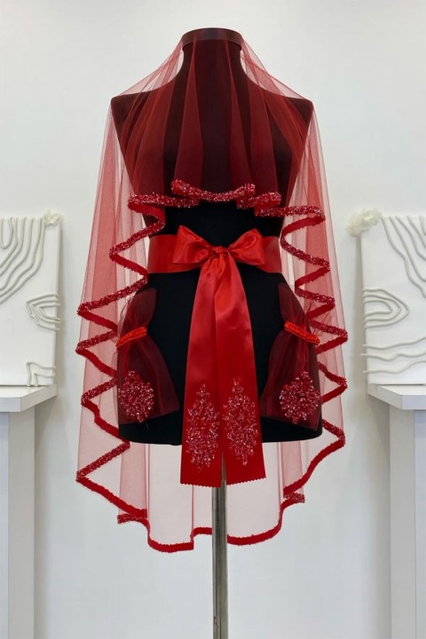 B70 Kırmızı duvak Yüz Örtüsü İnci İşlemeli