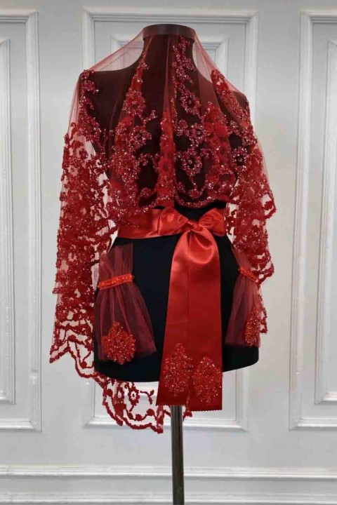 B75 Kırmızı Duvak Yüz Örtüsü Çiçek Taş İşlemeli