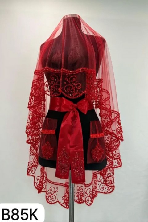 B85 Kırmızı Duvak Yüz Örtüsü 3’lü Takım