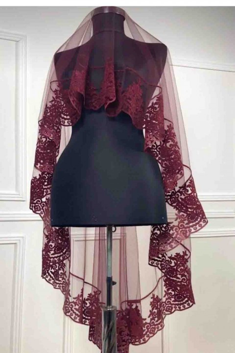 Bordo Kadife Simli Çizgili Duvak