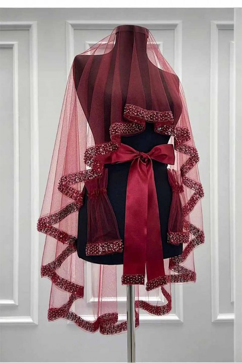 Bordo Kemer Taşlı Duvak Takım