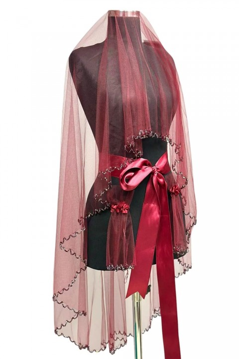 Bordo Kristal Taşlı Duvak Yüz Örtüsü 3’lü Takım