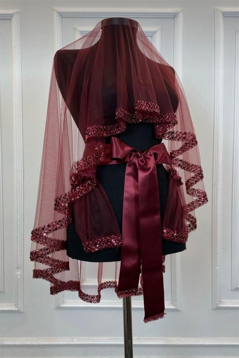 Bordo Pul Payetli Boncuklu Model Duvak 3’lü Set