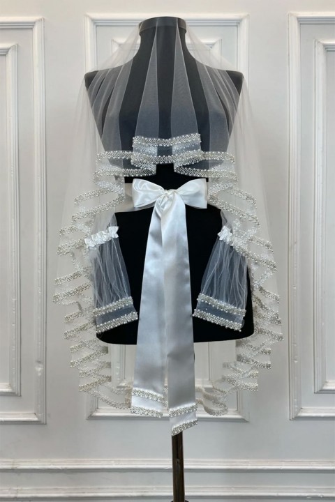 Çift Sıra İnci Beyaz Duvak 3’lü Takım