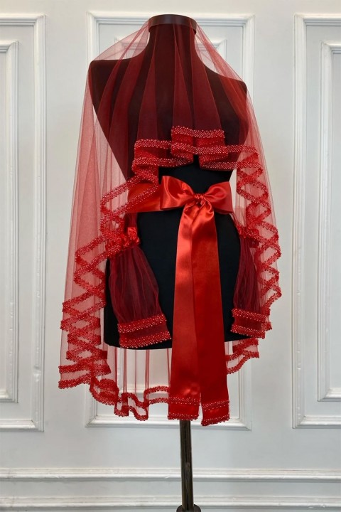 Çift Sıra İnci Kırmızı  Duvak 3’lü Takım