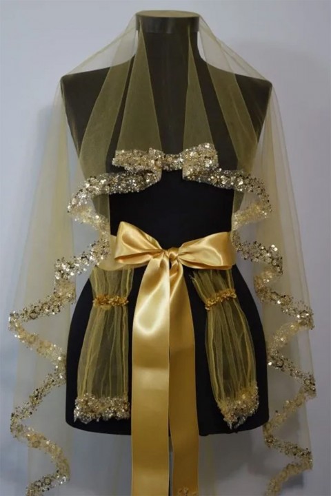 Elegans Model Duvak Yüz Örtüsü Gold 3’lü Set