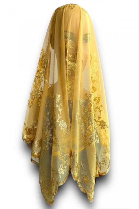 Gold Çiçekli Simli Baskılı Duvak 2’li