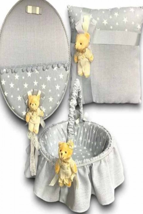 Gri Ayıcıklı Bebek Seti 3’lü Takım Yastık Kapı Süsü Sepet