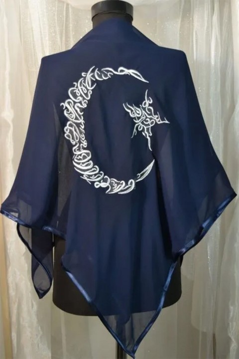 Gümüş İşlemeli Şeritli Ayyıldız  Lacivert Duvak