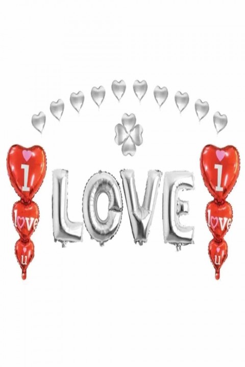 Gümüş Kırmızı 3’lü Love Kalp’li Set Folyo Balon